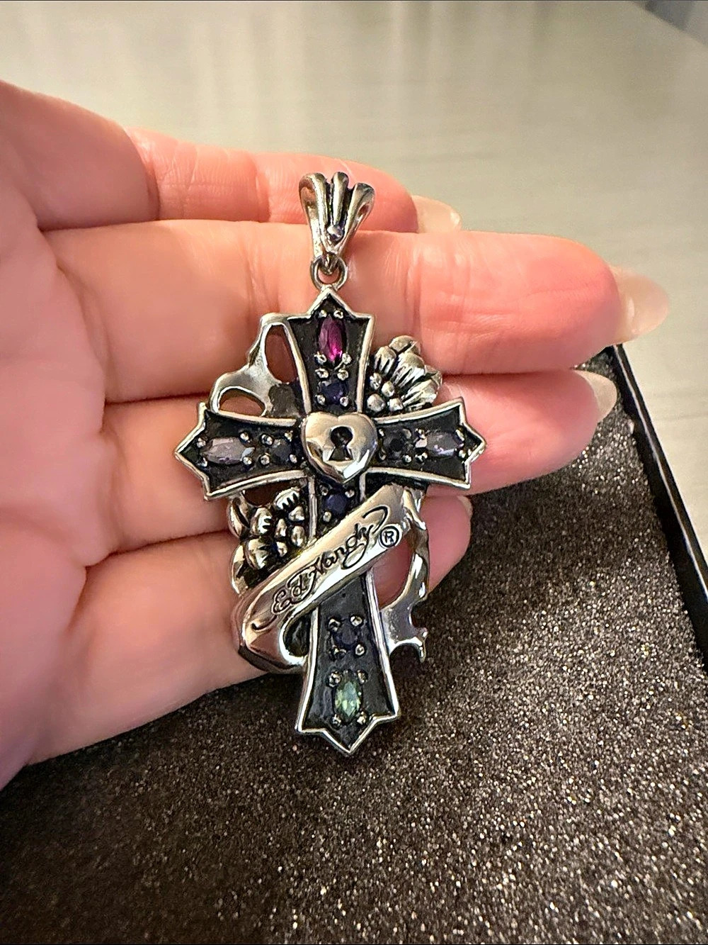 Ed Hardy Cross Pendant Necklace Silver & Black Like New